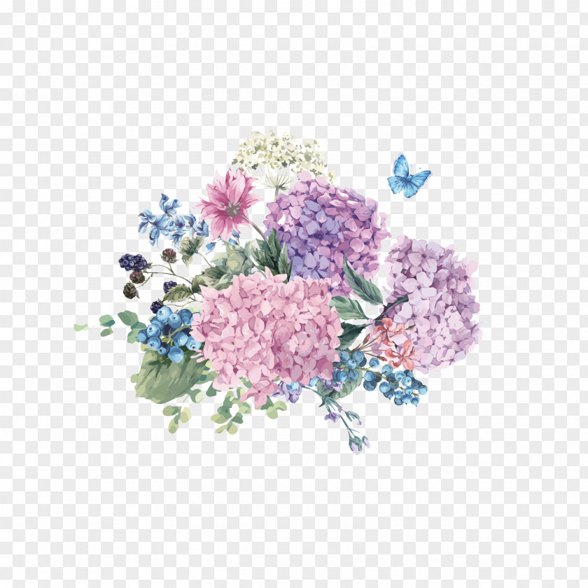 Butterfly Flowers Hand Painted Free To Pull Hydrangea Flower Watercolor Painting Illustration PNG