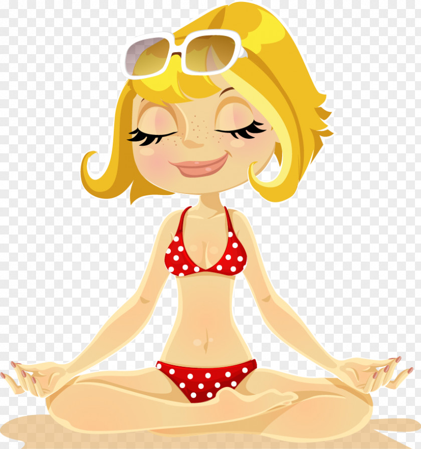 Beach Girl Cartoon PNG , Summer beach girl, woman wearing bikini meditating illustration clipart PNG