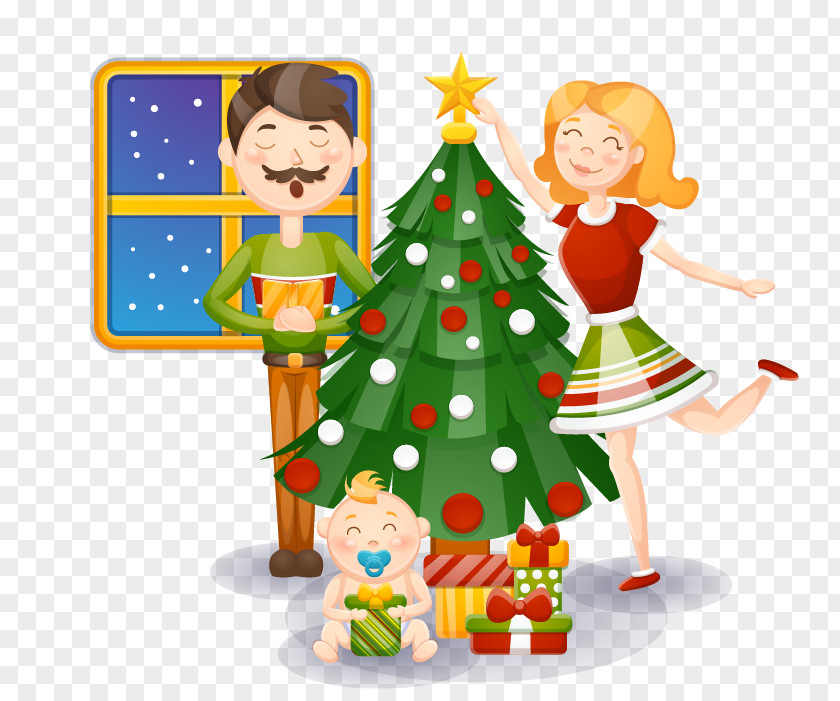 Vector Cartoon Family Celebrate Christmas Tree Clip Art PNG