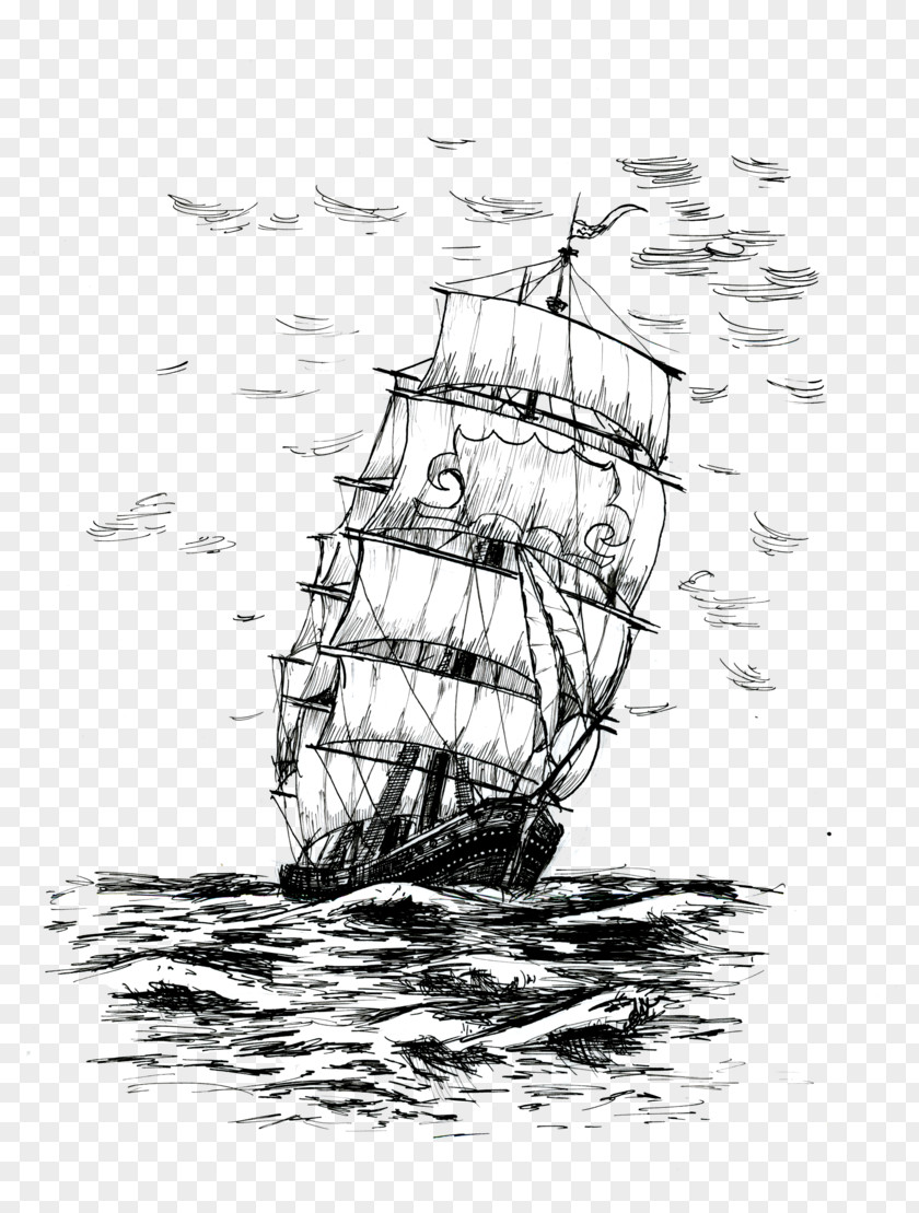 Pencil Painting Clouds Sailing Ship Tall Drawing PNG