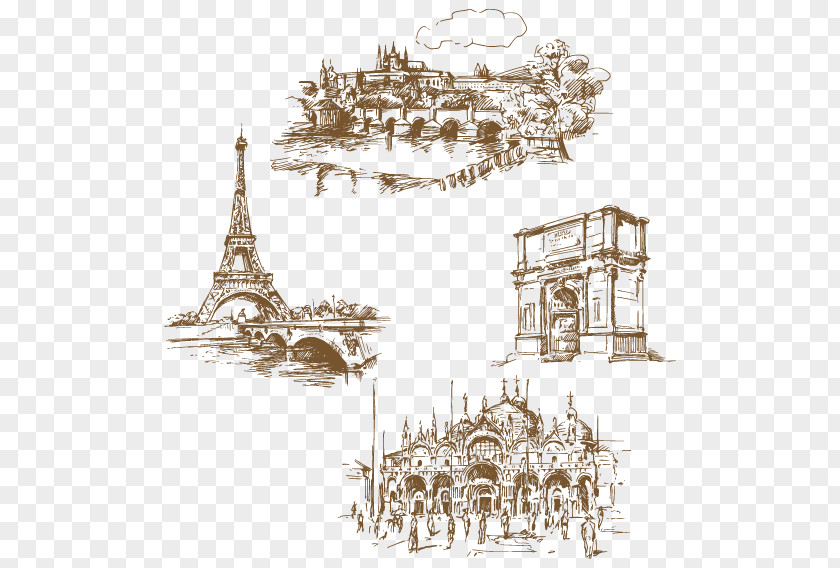 Famous Foreign Buildings Vector Artwork Paris Pisa Drawing Travel Illustration PNG