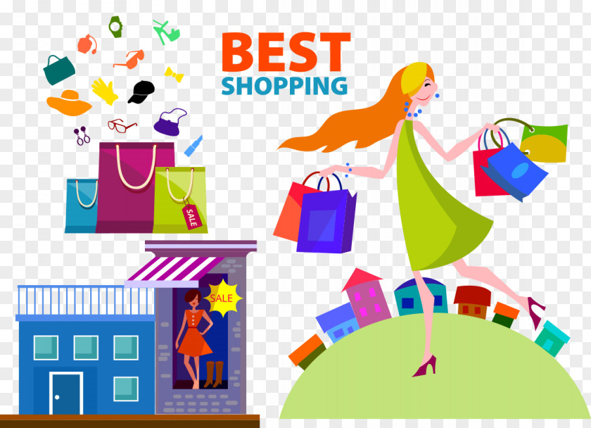 Cartoon Women Love Shopping Online Banner PNG