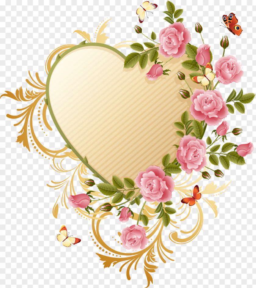 Pink Flower Border Butterfly Heart Rose PNG