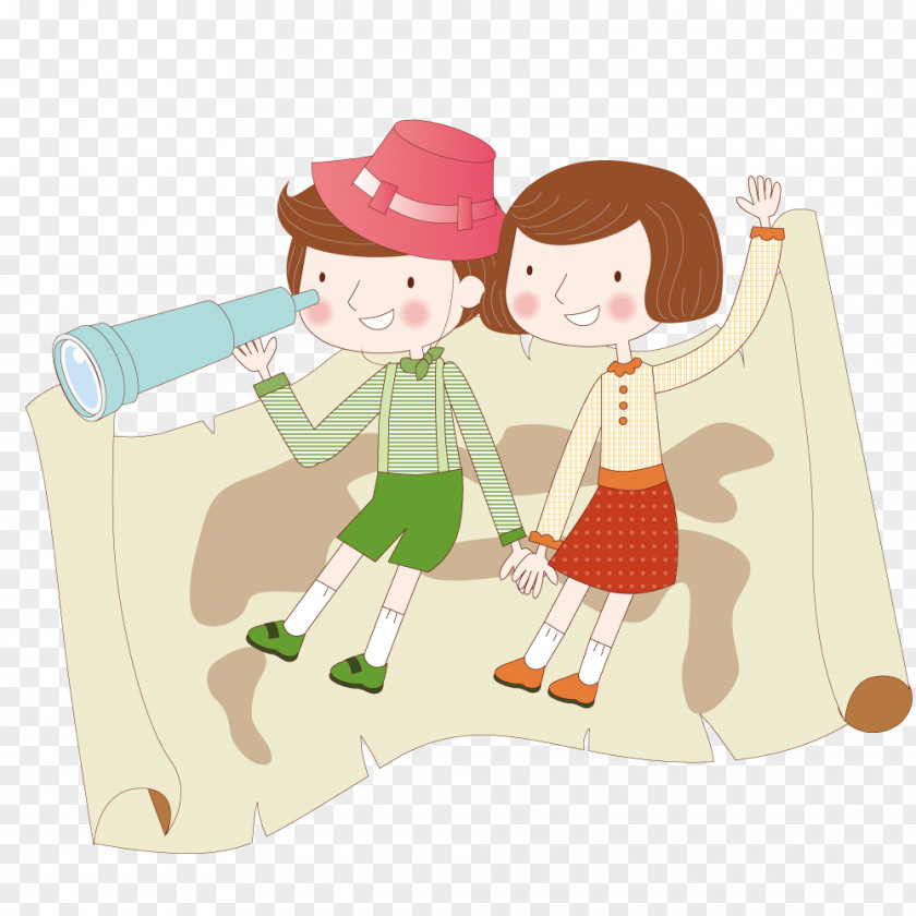 Couple On The Map Reel Child Travel Cartoon Illustration PNG