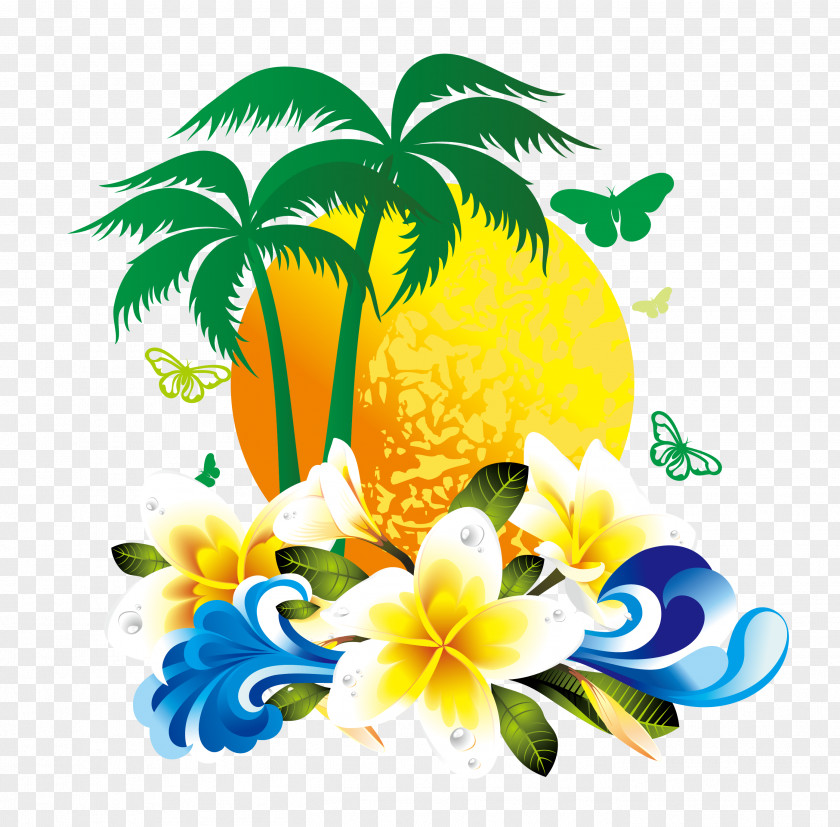 Gorgeous Tropical Flowers Coconut Tree Material PNG