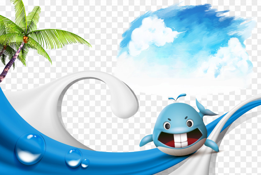 Cartoon Blue Sea Poster Wind Wave PNG