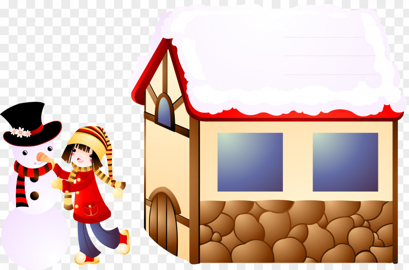 Snowman And Little House Cartoon Painting Illustration PNG