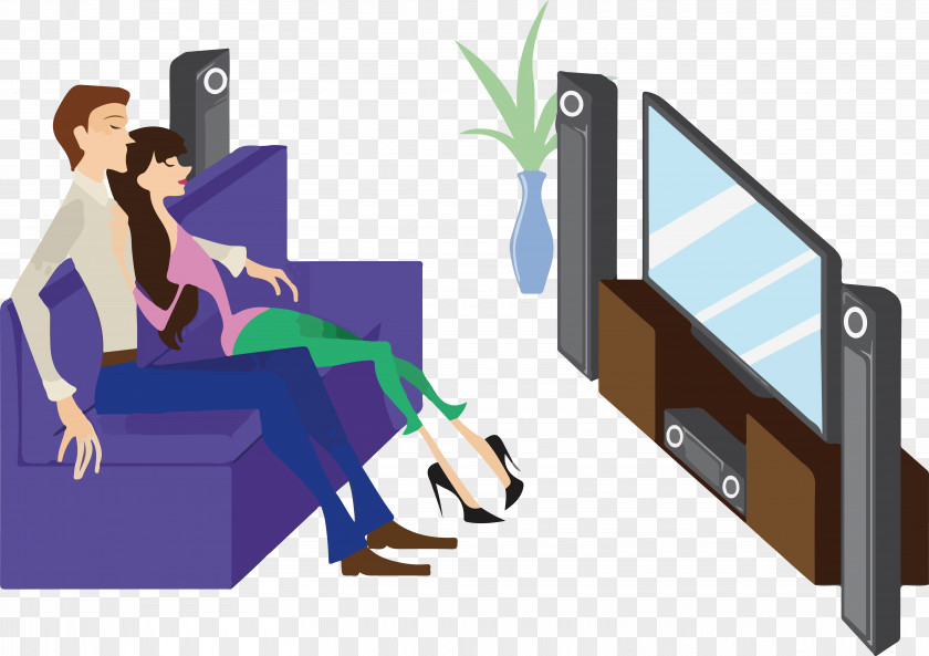 Cartoon Watching TV Couple Vector Television PNG