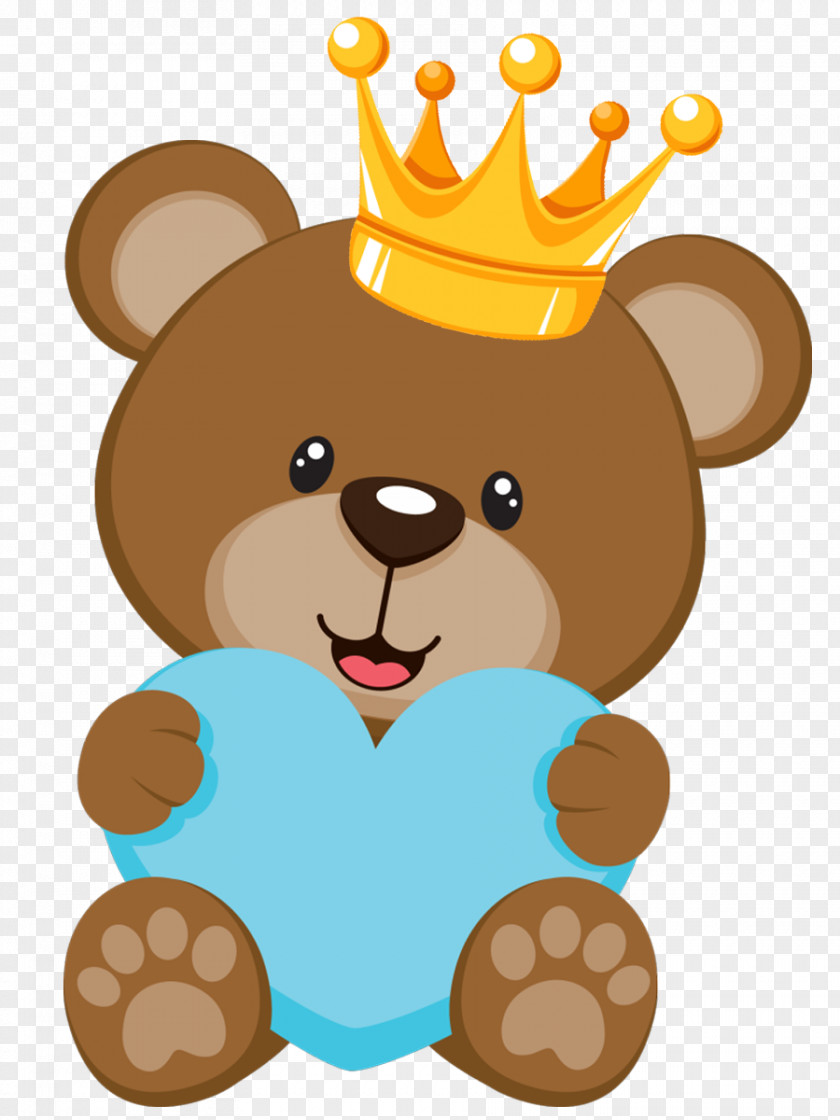 Teddy Bear Baby Shower Infant PNG bear shower , SALVAJE, brown with yellow crown holding blue heart illustration clipart PNG
