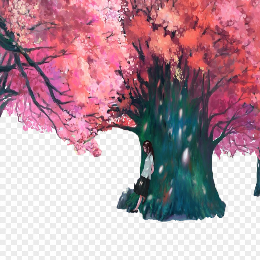 Romantic Hand-painted Cherry Trees Buckle Free Material Blossom Comics Illustration PNG