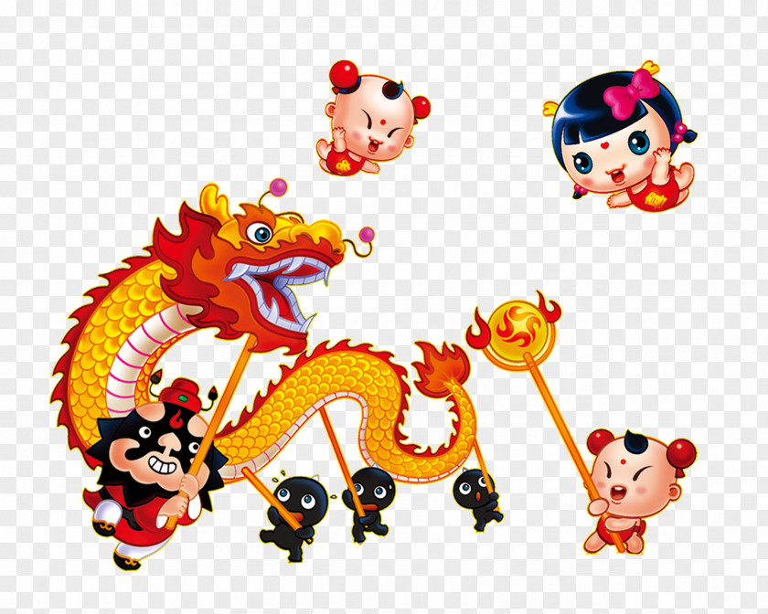 Free Cartoon Lion And Dragon Pull Material China Dance Chinese New Year PNG