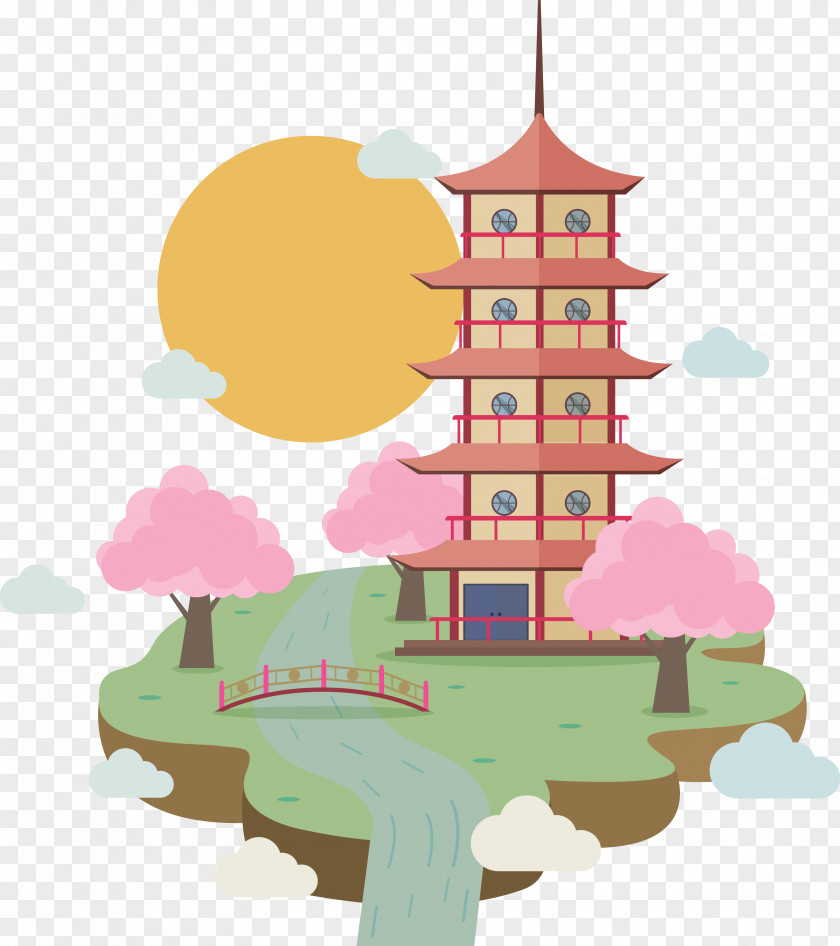 Japanese Cherry Blossoms Spring Temple Japan Illustration PNG