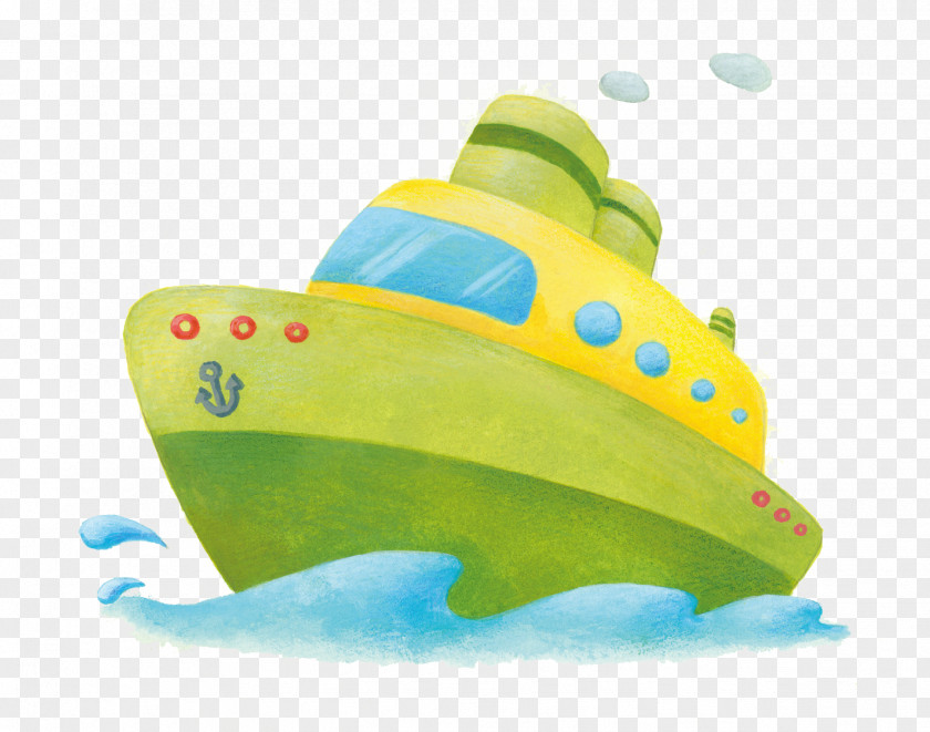 Cartoon Hand Painted Colored Green Ship Illustration PNG