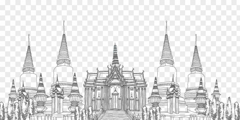 Line Drawing Thai Temple Thailand Architecture Building PNG