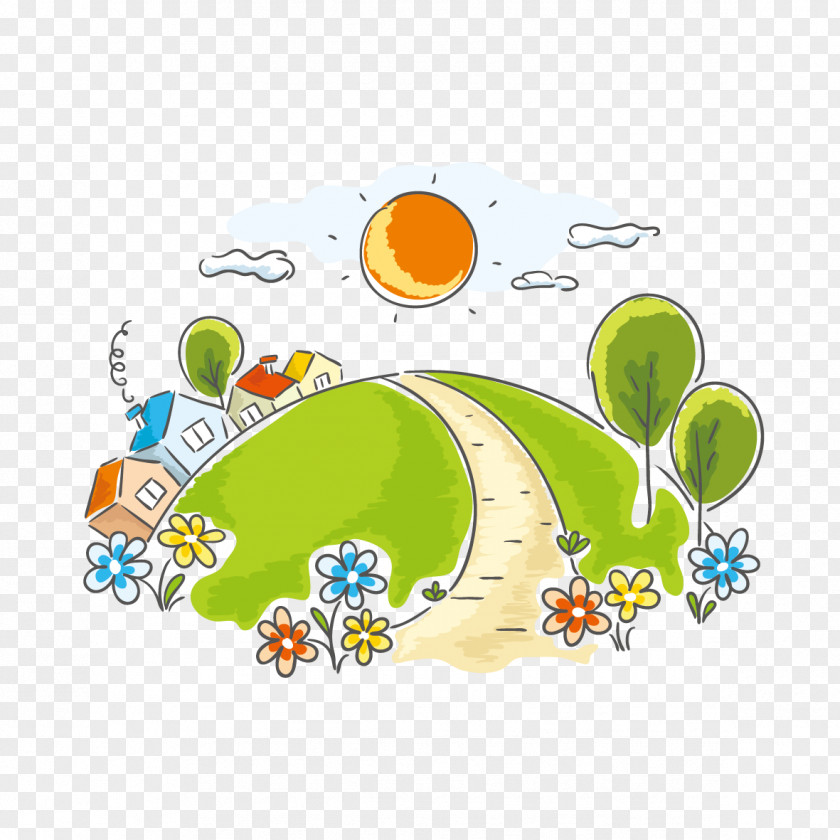 Green Home Drawing Landscape Painting Cartoon PNG
