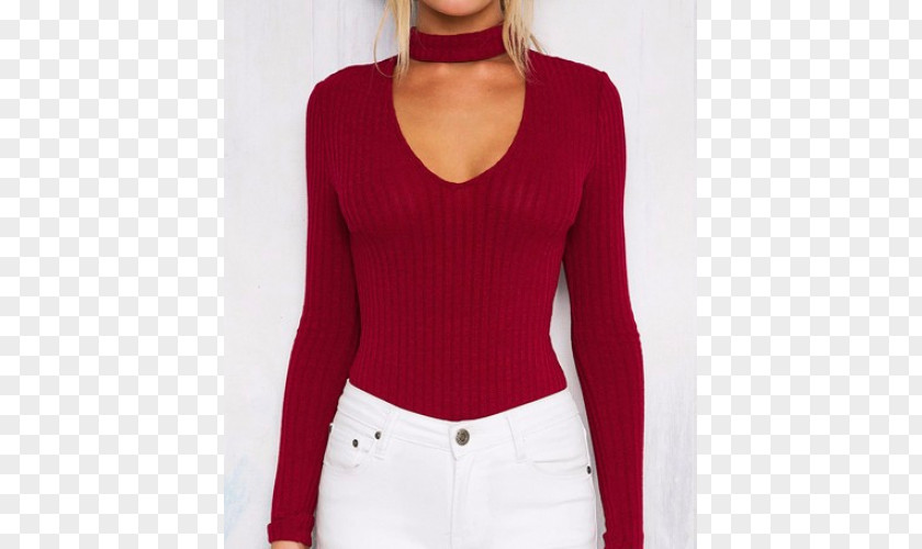 Woman Sleeve Top Choker Sweater Bodysuit PNG