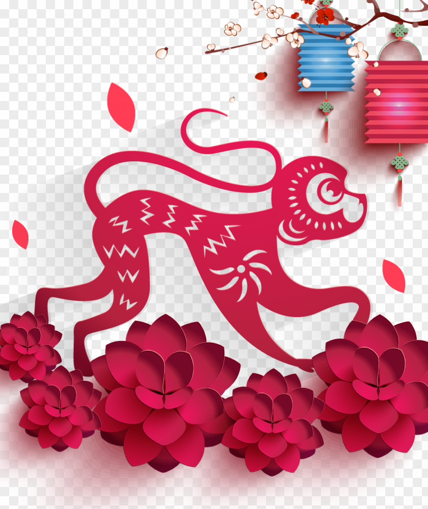New Year Paper-cut Lanterns Monkey Videos Chinese Clip Art PNG