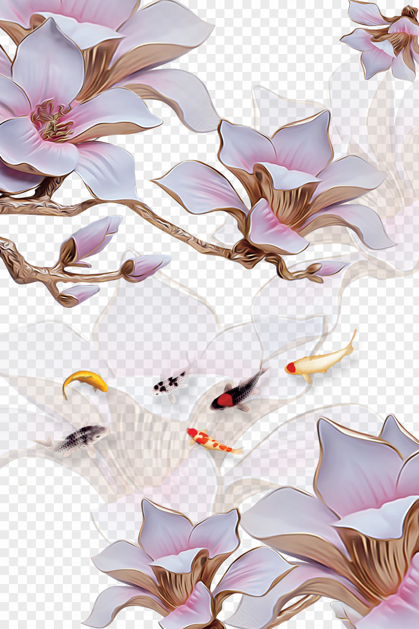 3D Stereoscopic Flower And Jade Carp Three-dimensional Space Stereoscopy PNG