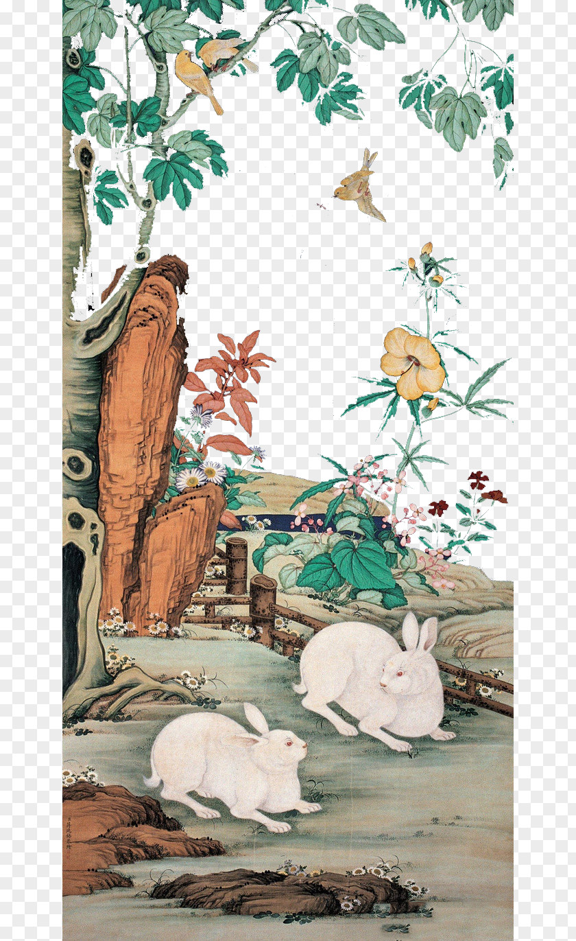 Rabbit Illustration Qing Dynasty Gongbi Bird-and-flower Painting PNG