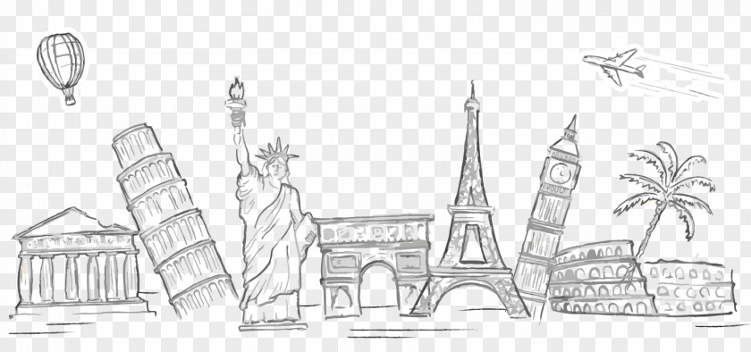 Hand Painted Global Travel Vector Decoration Statue Of Liberty Eiffel Tower Leaning Pisa PNG