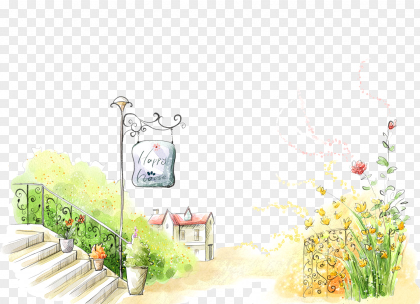 Beautiful Hand-painted Stairs Wind Drawing Art Painting Season Wallpaper PNG