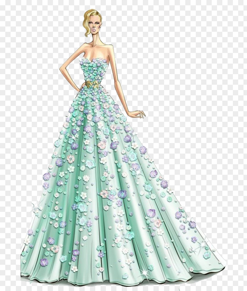 Beautiful Hand-painted Flowers Dress Fashion Illustration Haute Couture Designer PNG