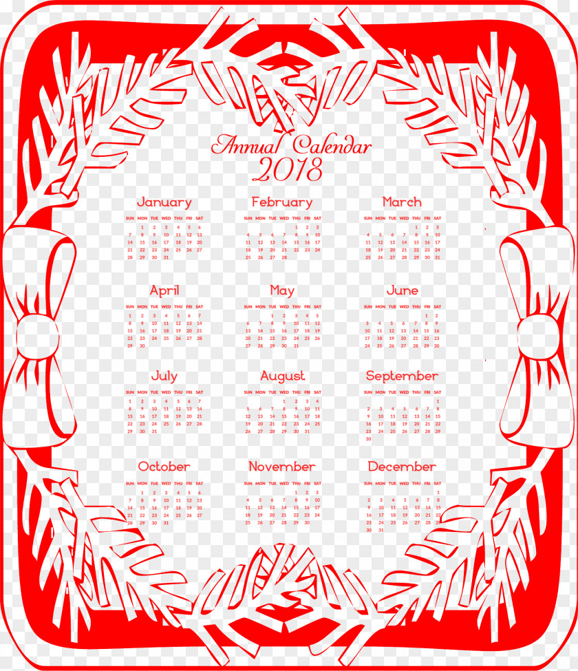 Red Christmas 2018 Calendar. PNG