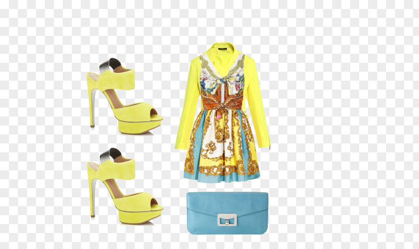 Yellow Long-sleeved Dress High-heeled Footwear Clothing Shoe PNG