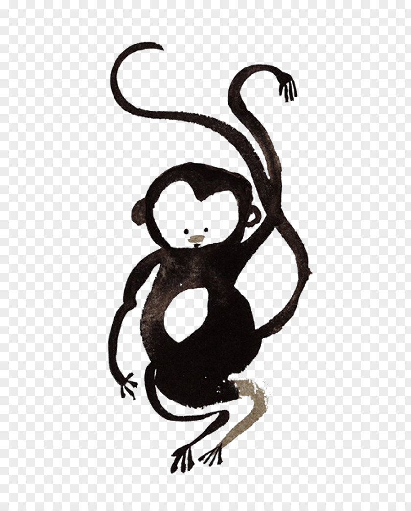 Cartoon Monkey Chinese New Year Ink Wash Painting PNG