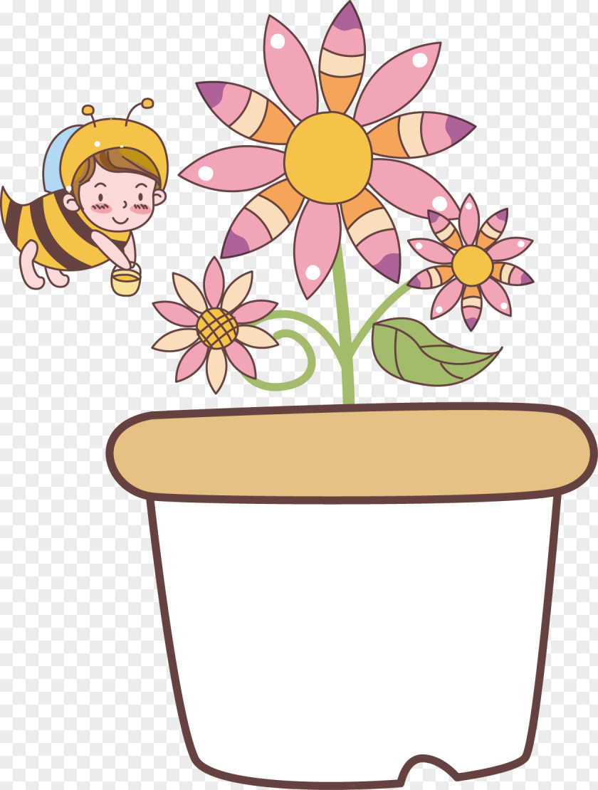Cartoon Flowers And Bees Bee Floral Design Drawing PNG