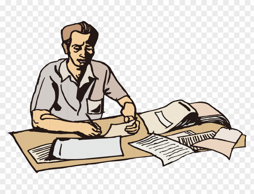 Hand-painted Cartoon Man Writing Work Illustration PNG