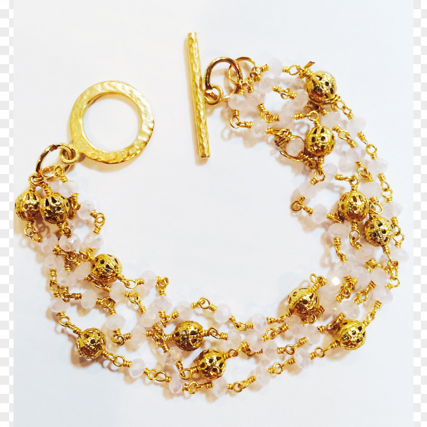 Gold Pearl Charm Bracelet Rose Quartz PNG