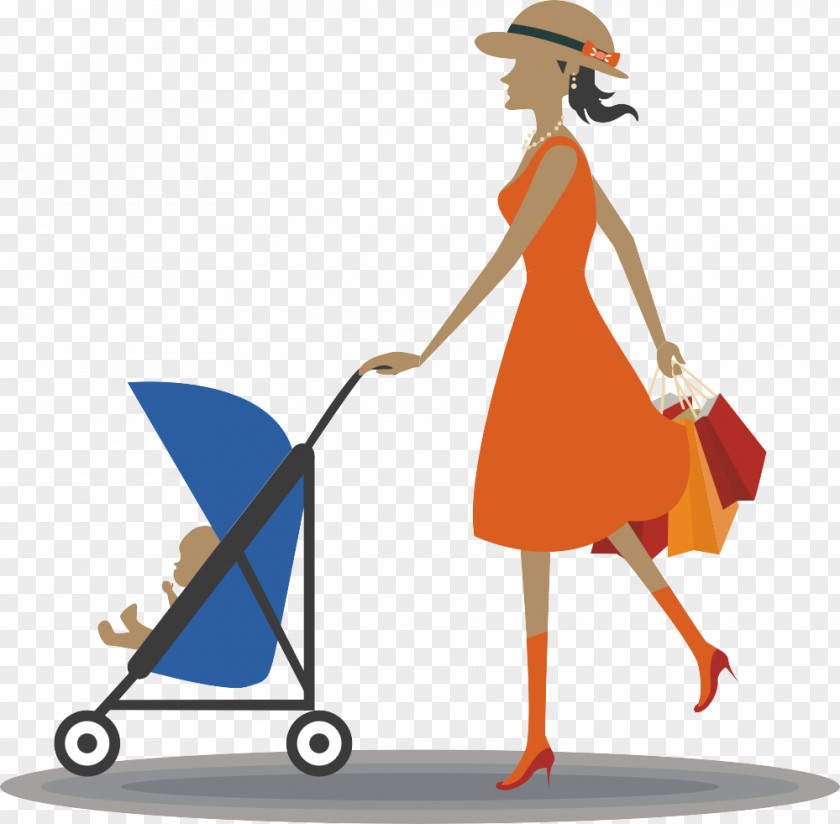 Fashion Woman Pushing Stroller Drawing Infant PNG