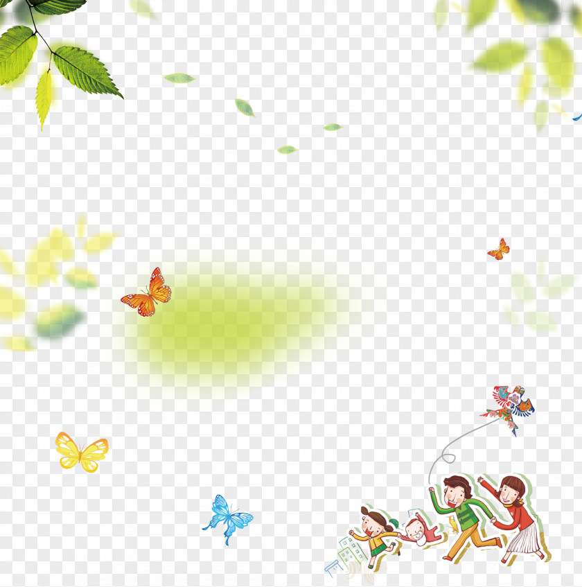 Cartoon Kite Child With Butterfly Leaves Background Flight PNG