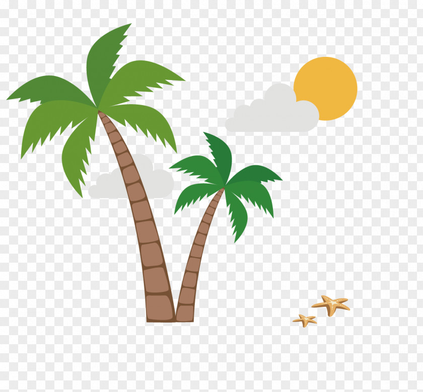 The Sun Starfish Coconut Trees And Clouds Clip Art PNG
