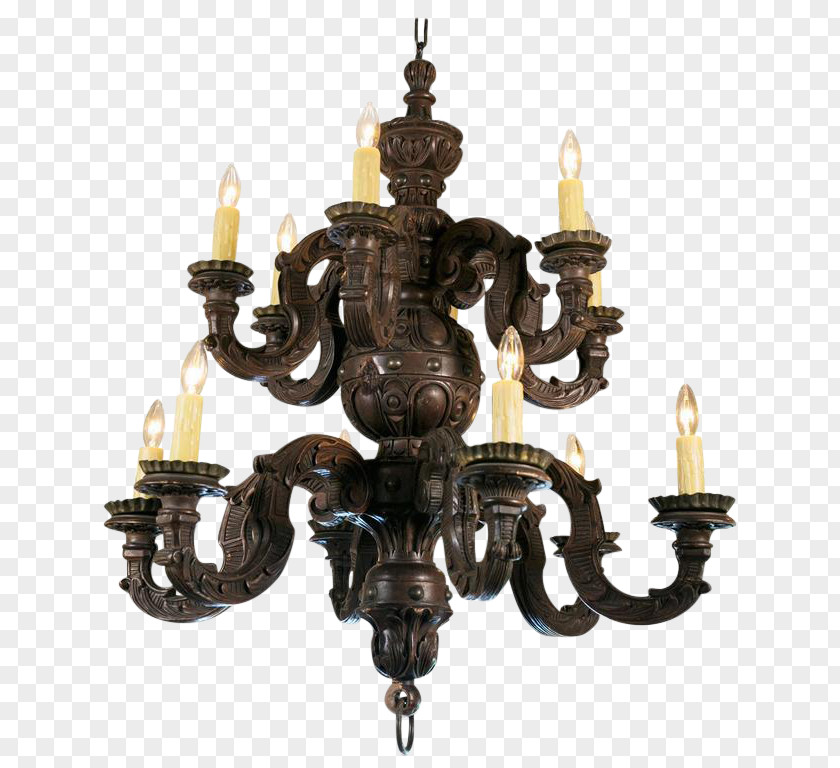 Chandelier Baroque Wood Carving Brass Ceiling PNG