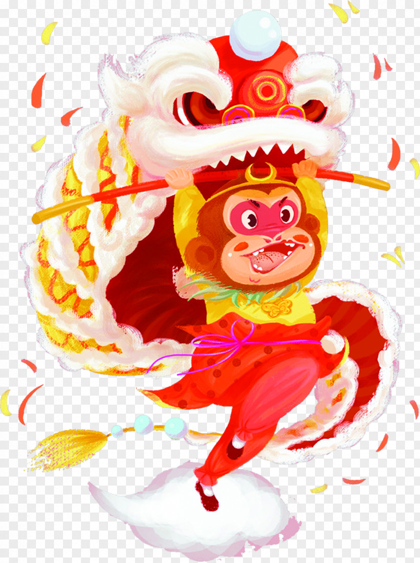 Hand-painted Cartoon Monkey Posters China Lion Dance Chinese New Year PNG