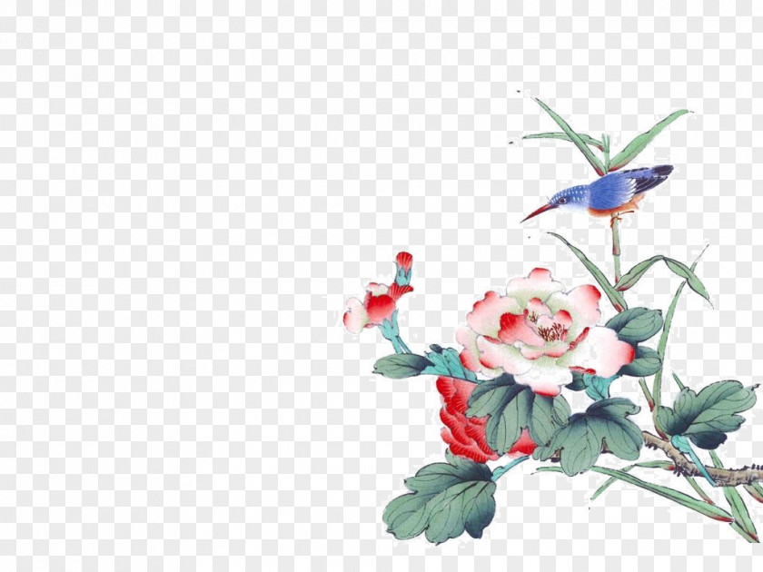 Chinese Painting Rose Bird-and-flower Watercolor Wallpaper PNG