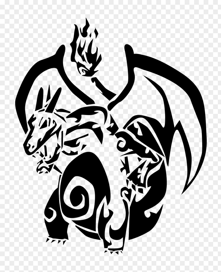 Tribal Vector Pokemon Black & White Charizard Charmander Clip Art PNG