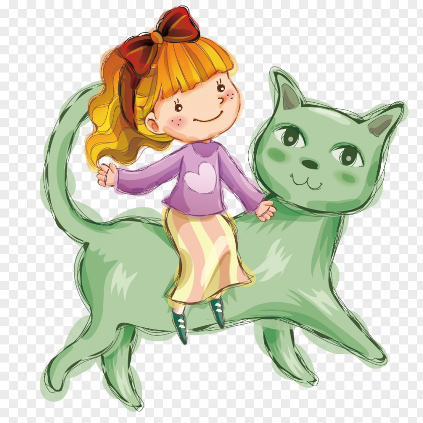 Cat Cartoon Drawing PNG , Kitten sitting in the body of girl clipart PNG