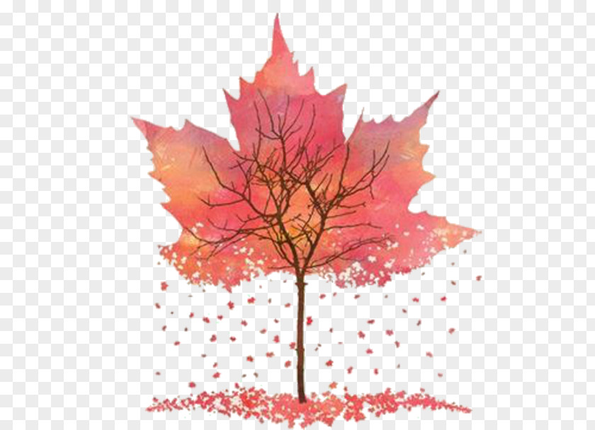 Watercolor Pink Trees Maple Leaf Art Autumn Printmaking Drawing PNG