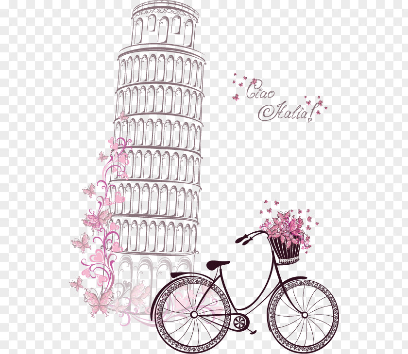 Hand-painted Watercolor Leaning Tower Of Pisa And Bicycles Eiffel Symbol Paper PNG