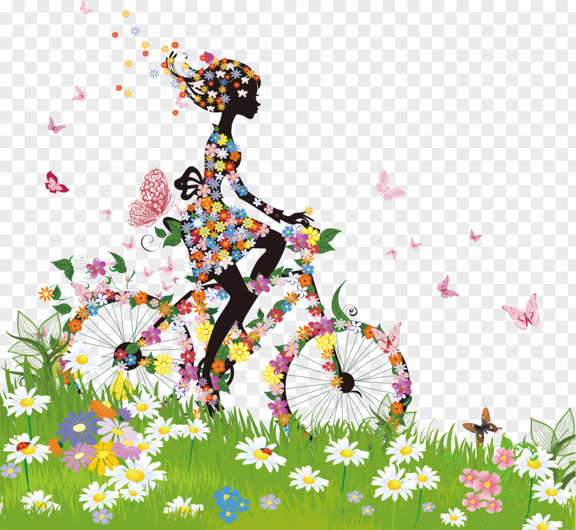 Colorful Spring Woman Silhouette Vector Material Bicycle Flower Clip Art PNG