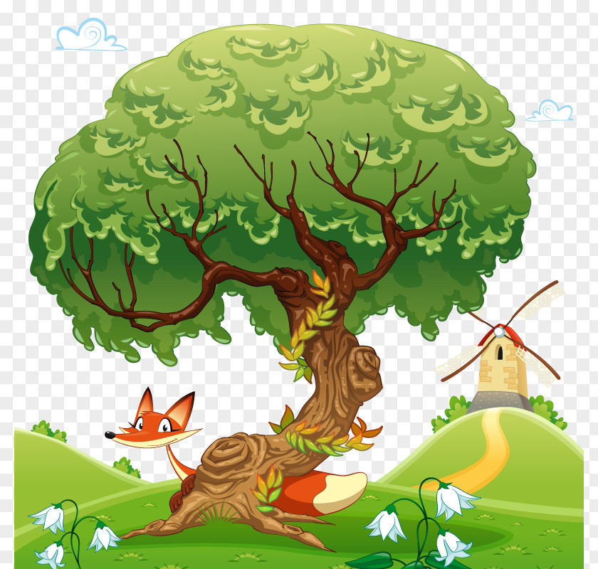 Vector Tree Fox Cartoon Illustration PNG