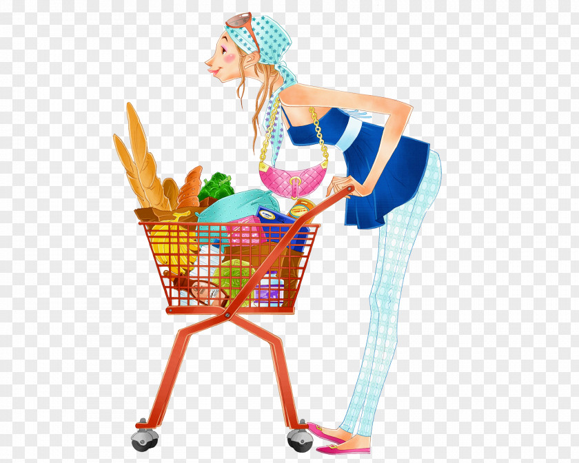 Cartoon Shopping Woman Cart Drawing PNG