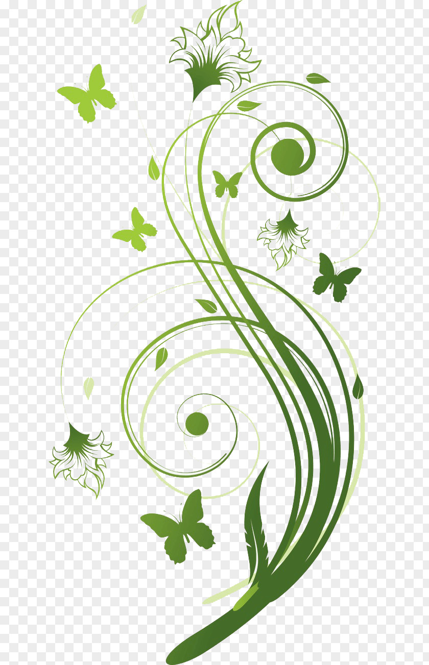 Green Butterfly Floral Design Vector Graphics Illustrations PNG