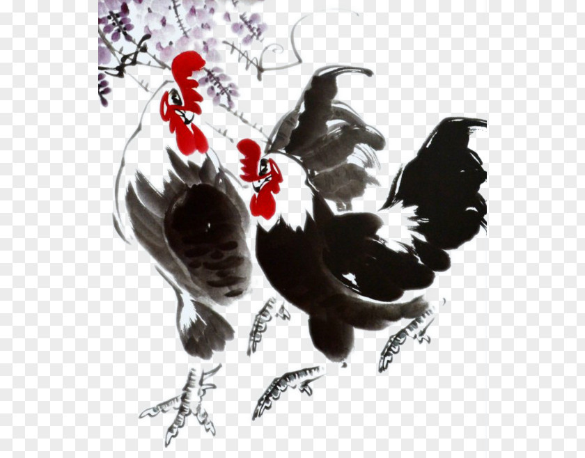 Two Chinese Luhua Chicken Rooster Ink Wash Painting Gongbi PNG