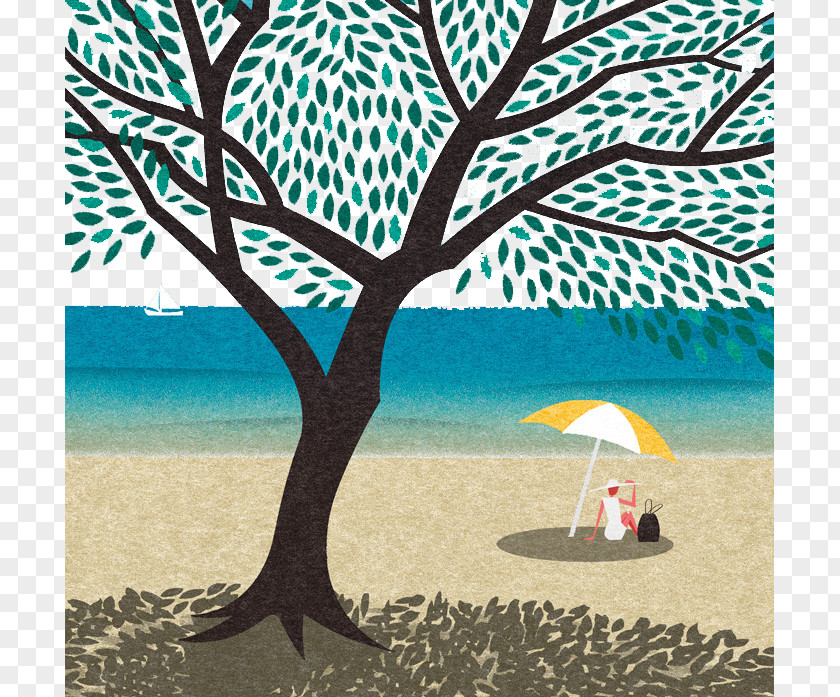 Hand-painted Trees Ocean Beach Illustrator Behance Illustration PNG