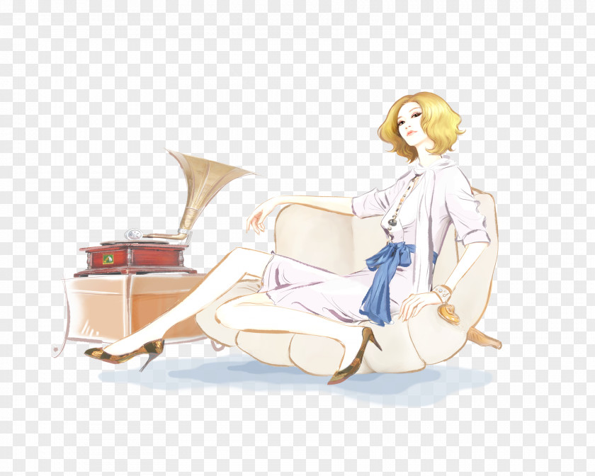 Hand Drawn Gramophone Woman Couch Cartoon PNG
