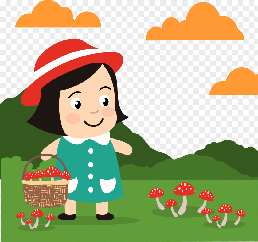 Children Picking Mushrooms Cartoon Graphic Design Drawing PNG